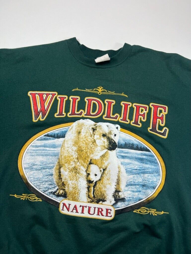 Vintage 90s Wildlife Nature Polar Bear Big Graphic Sweatshirt Size XL Green