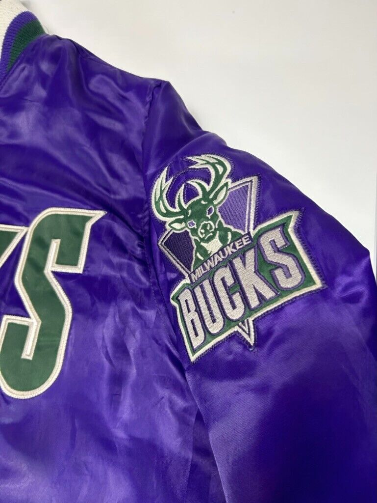 Milwaukee Bucks NBA Embroidered Satin Varsity Basketball Bomber Jacket Sz Medium