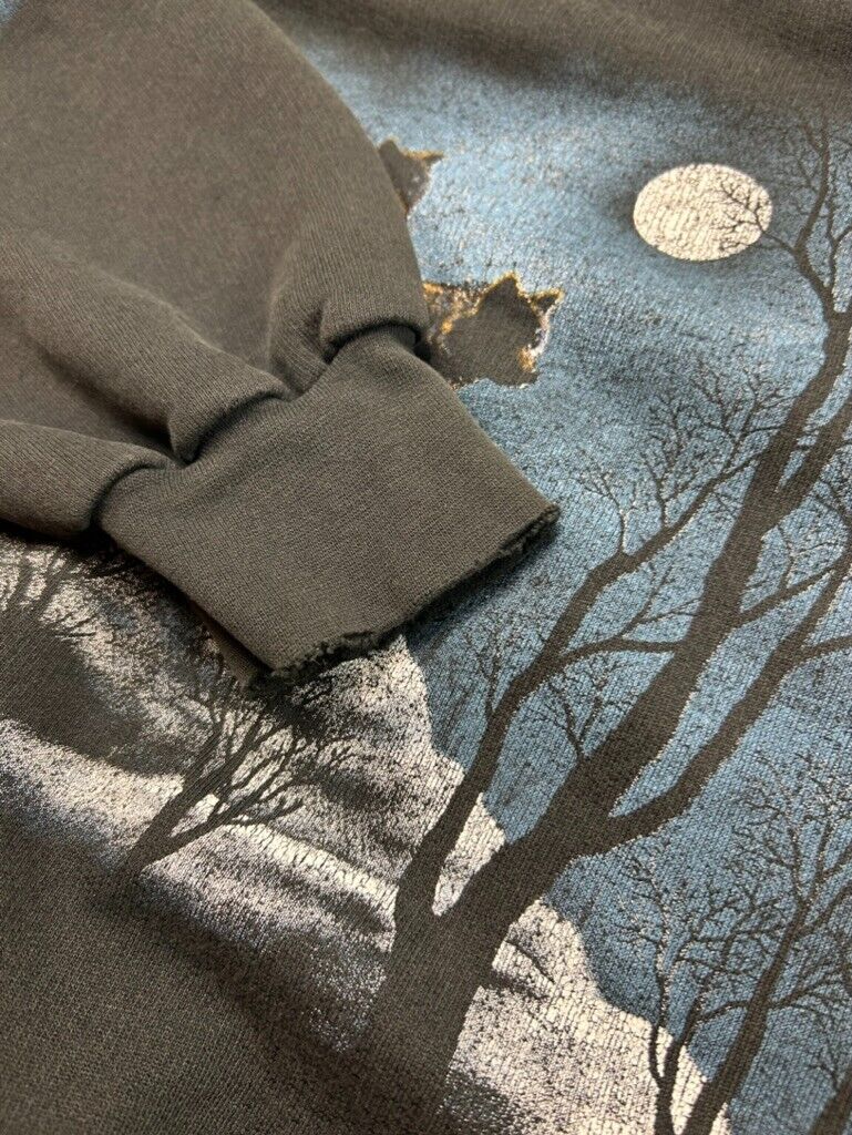 Vintage 90s Wolf Nature Forest AOP 1/4 Button Sweatshirt Size XL Black