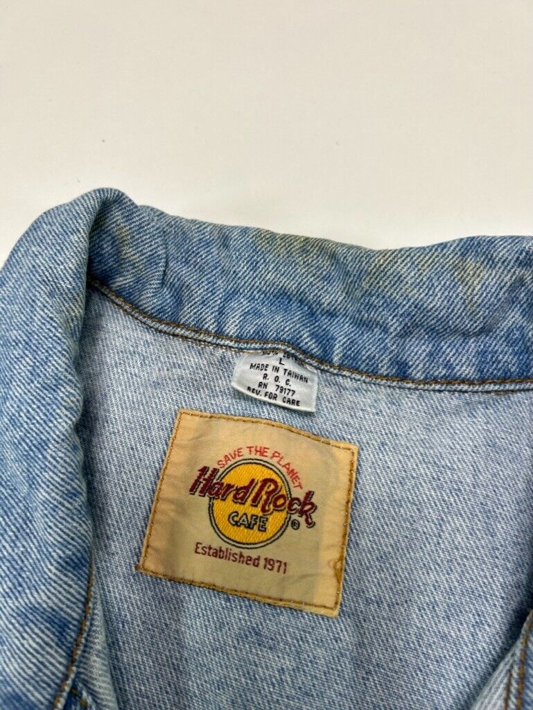 VTG 90s Hard Rock Cafe San Antonio Save The Planet Denim Trucker Jacket Sz Large