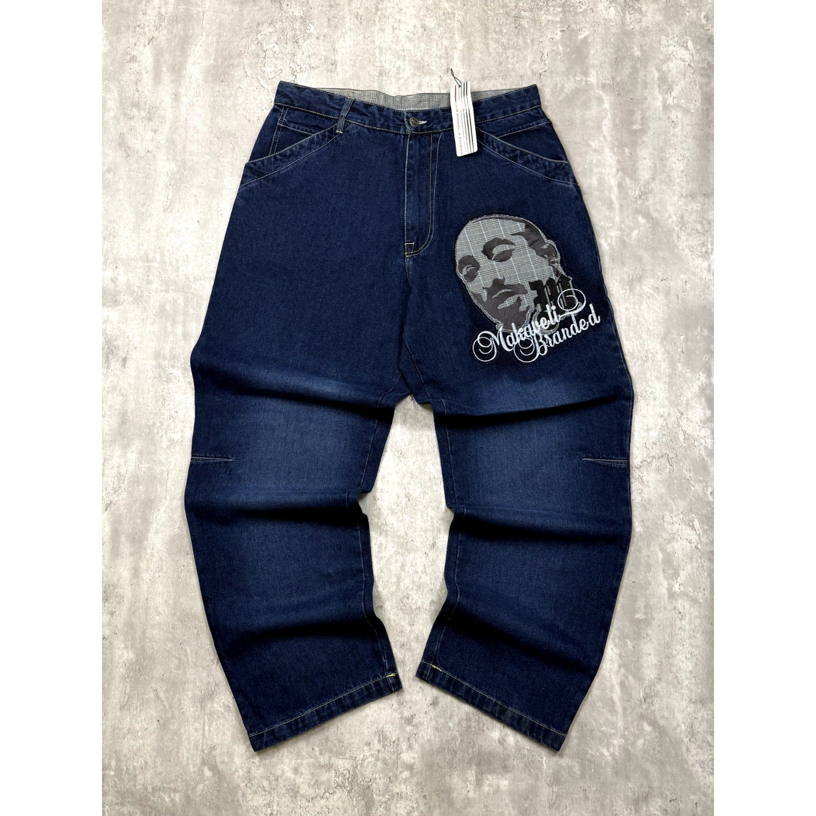 Vintage Y2K Makaveli Plaid Pocket Embroidered Dark Wash Denim Pants