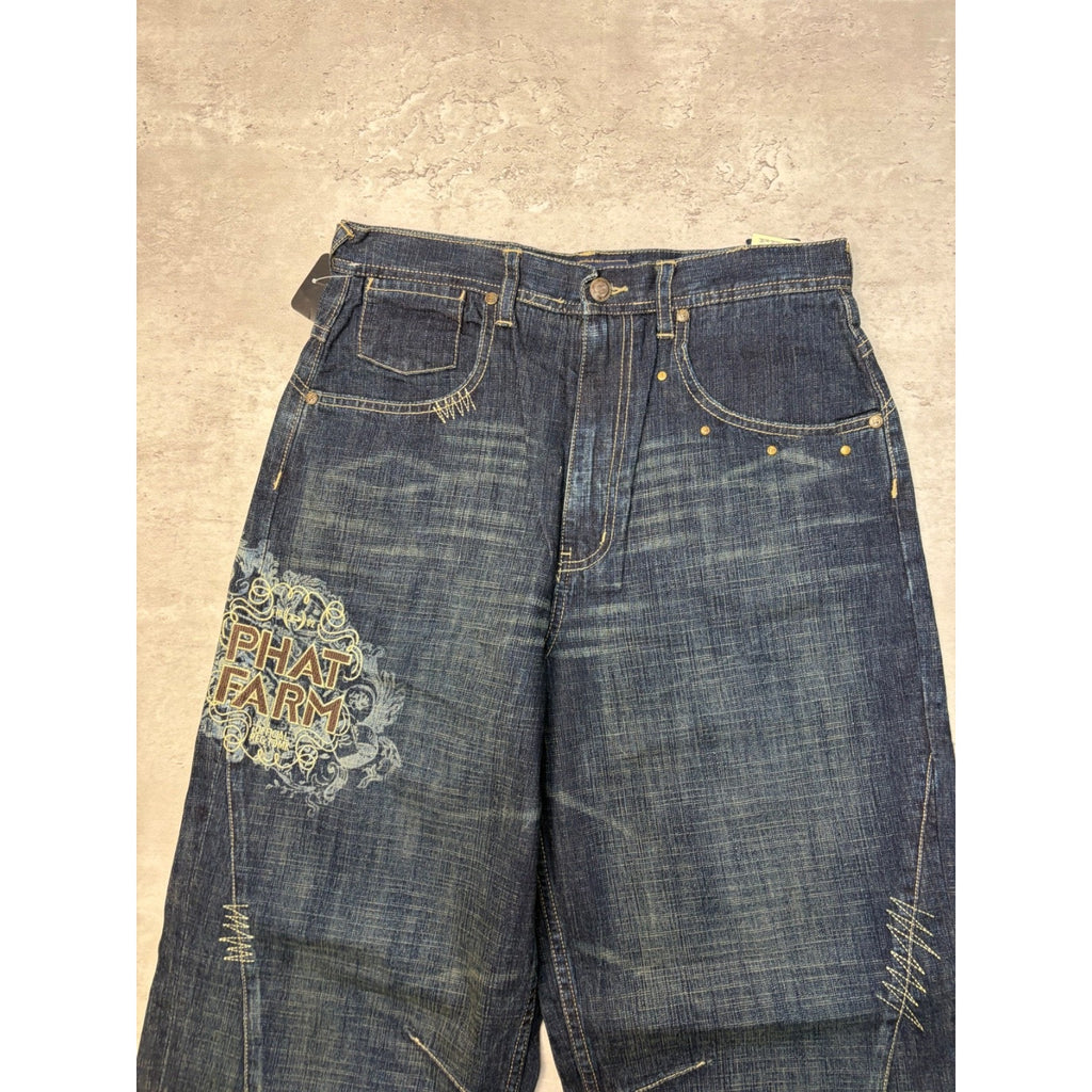 Vintage Y2K Womens Phat Farm Embroidered Spellout Dark Wash Denim Pants 29x31