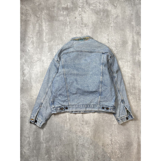 Vintage 90s Levis Aztec Lined Red Tab Light Wash Denim Trucker Jacket Size Large