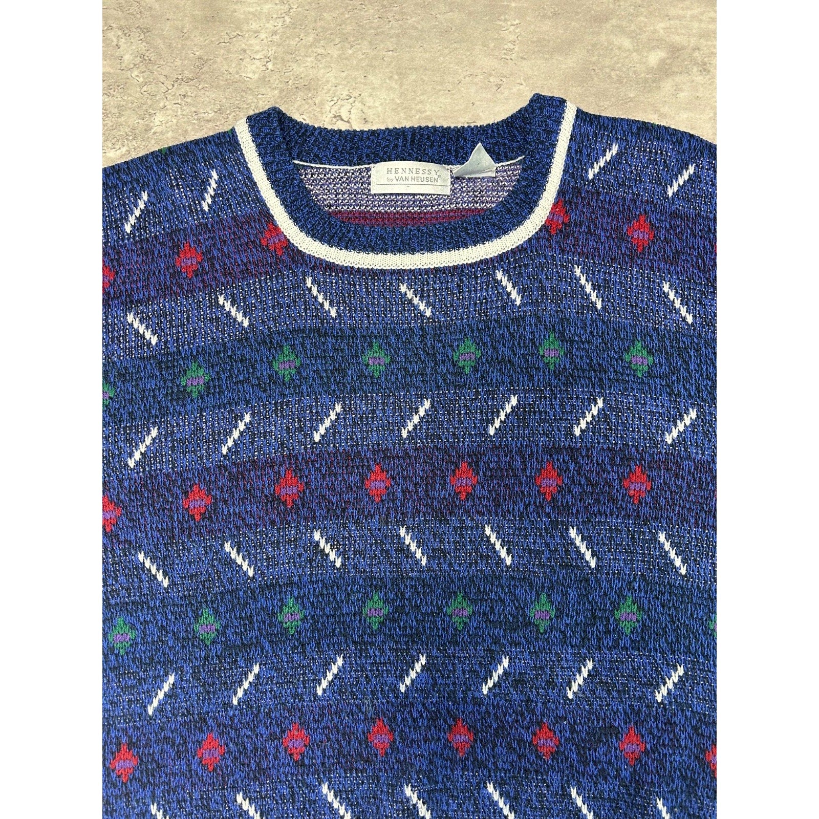 Vintage 90s Van Heusen Abstract Striped Pullover Knit Sweater Size Large Tall