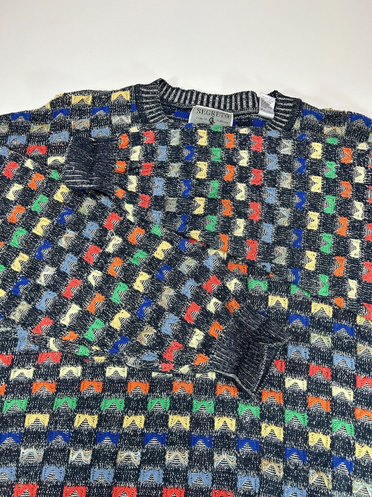 Vintage 90s Segreto Abstract Checkered Print Pull Over Knit Sweater Size 2XL