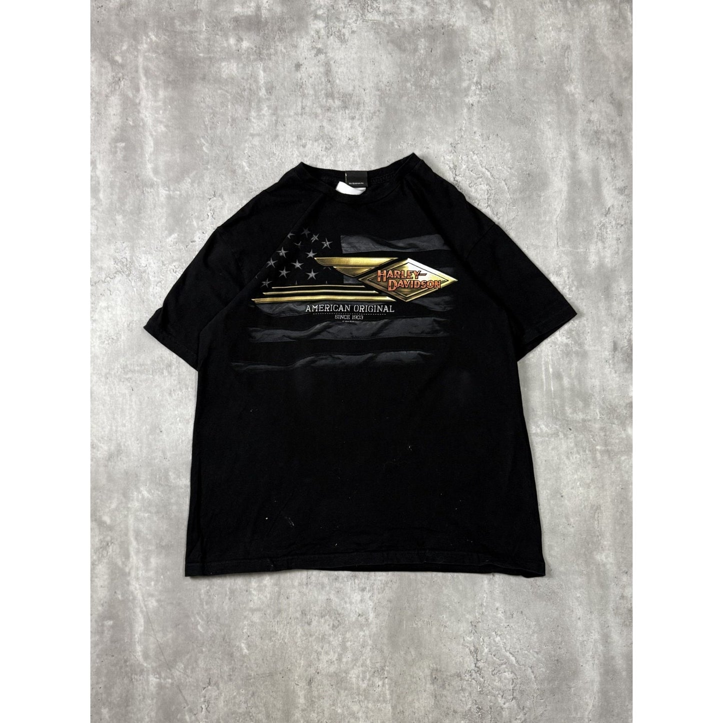 Vintage Harley Davidson American Flag Spellout Graphic Motorcycle T-Shirt Sz XL