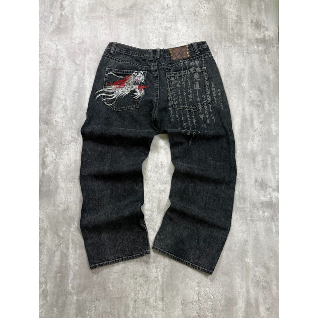 Vintage Y2K Kanii Embroidered Dragon Baggy Fit Black Denim Pants Size 41