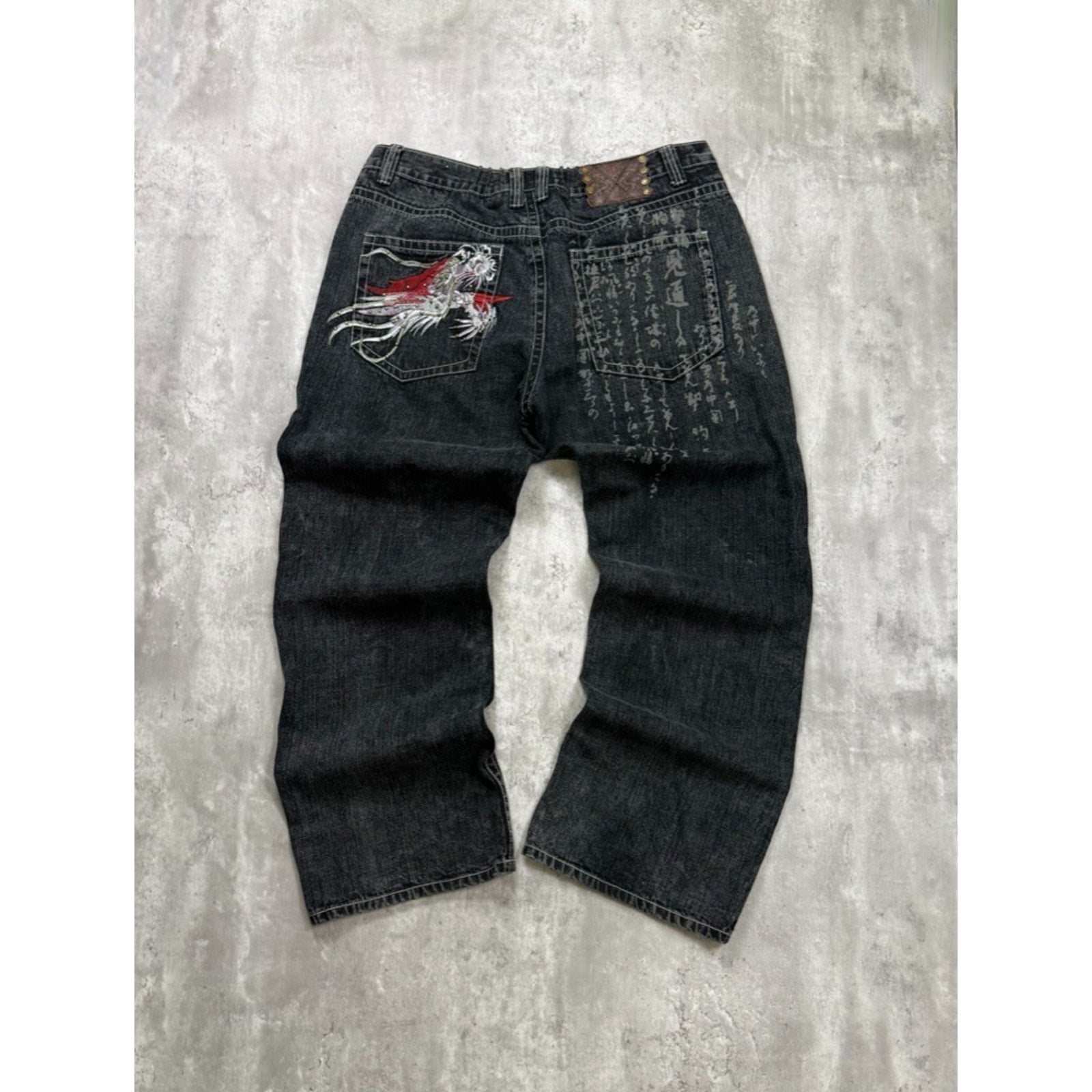 Vintage Y2K Kanii Embroidered Dragon Baggy Fit Black Denim Pants Size 41