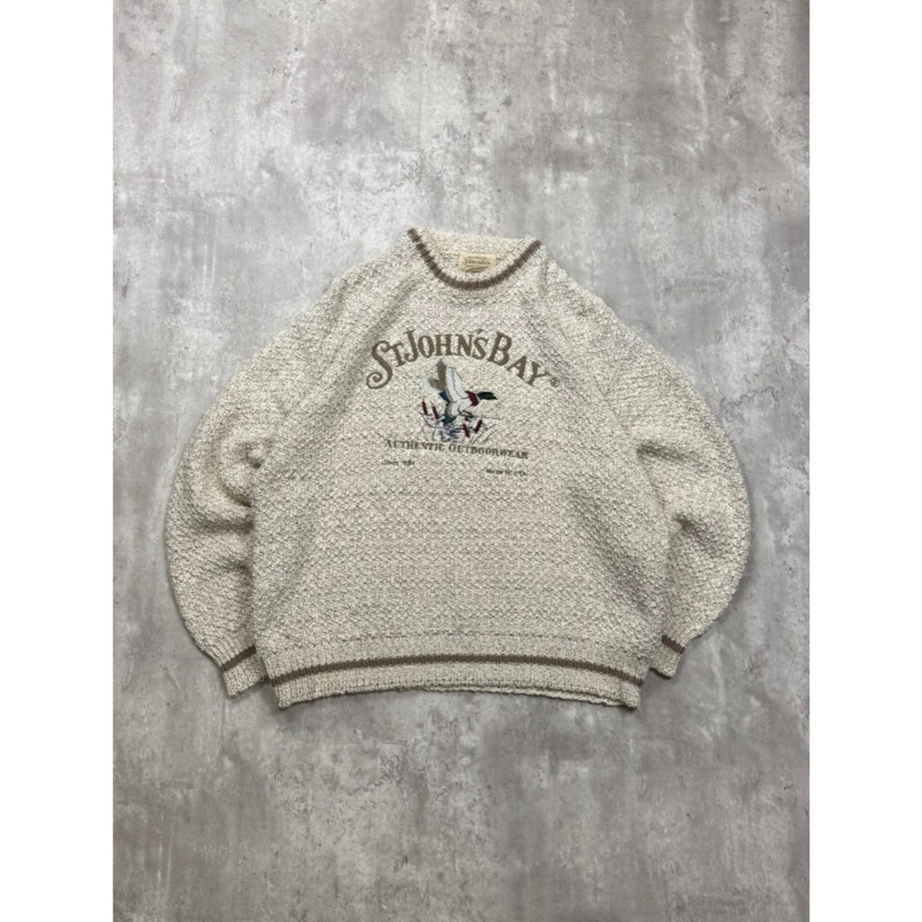 Vintage 90s St. Johns Bay Embroidered Mallard Spellout Knit Sweater Size Large