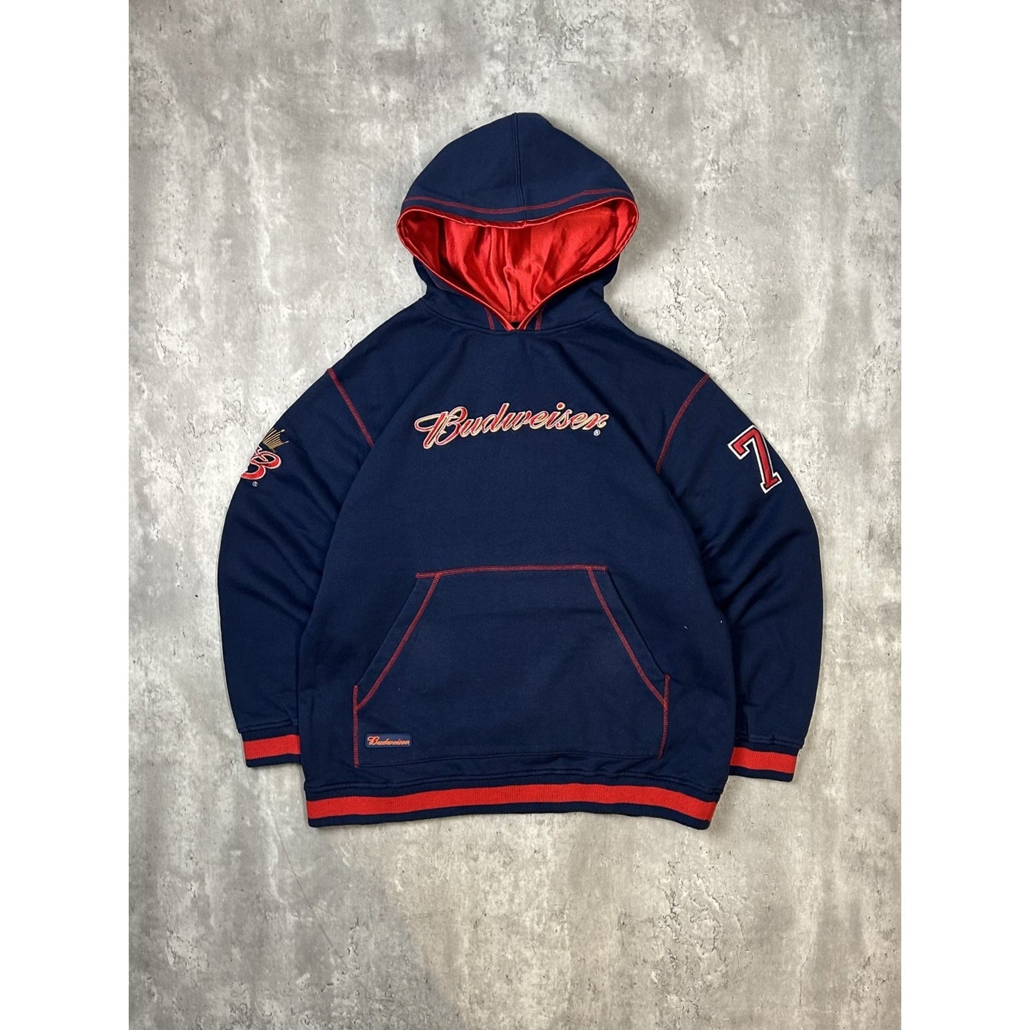 Vintage Budweiser Embroidered Logo Hooded Sweatshirt Size Large Blue