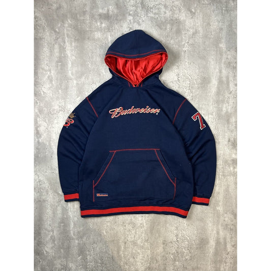 Vintage Budweiser Embroidered Logo Hooded Sweatshirt Size Large Blue