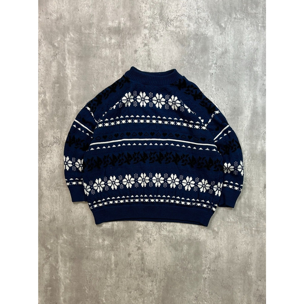 Vintage 90s Abstract Flower Striped Pullover Ribbed Knit Sweater Size Medium