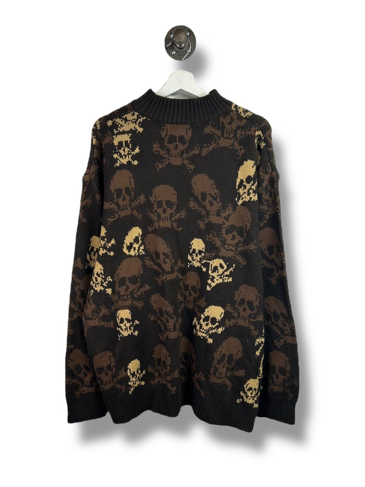 Vintage BTL Earth Tone Skull Pattern Pull Over Ribbed Knit Sweater Size XL Brown