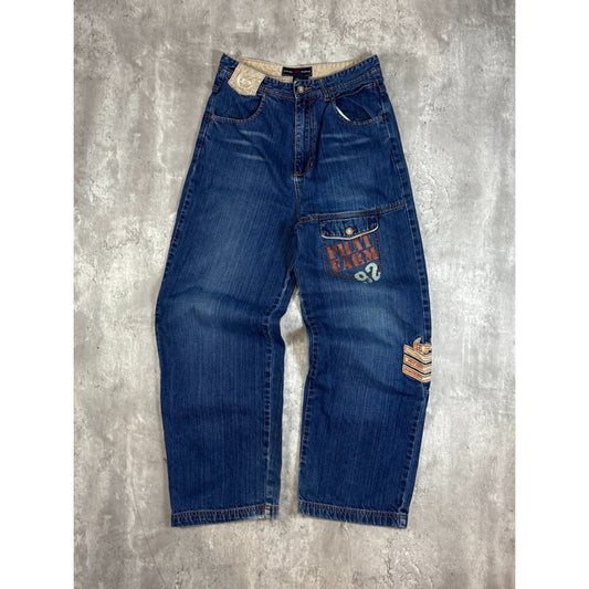 Vintage Womens Y2K Phat Farm Embroidered Dark Wash Denim Pants Size 29 Blue