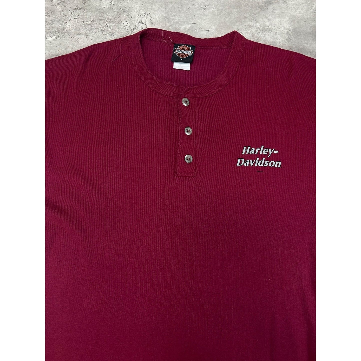 Vintage Harley Davidson 1/4 Button Spellout Graphic Long Sleeve T-Shirt Sz Large
