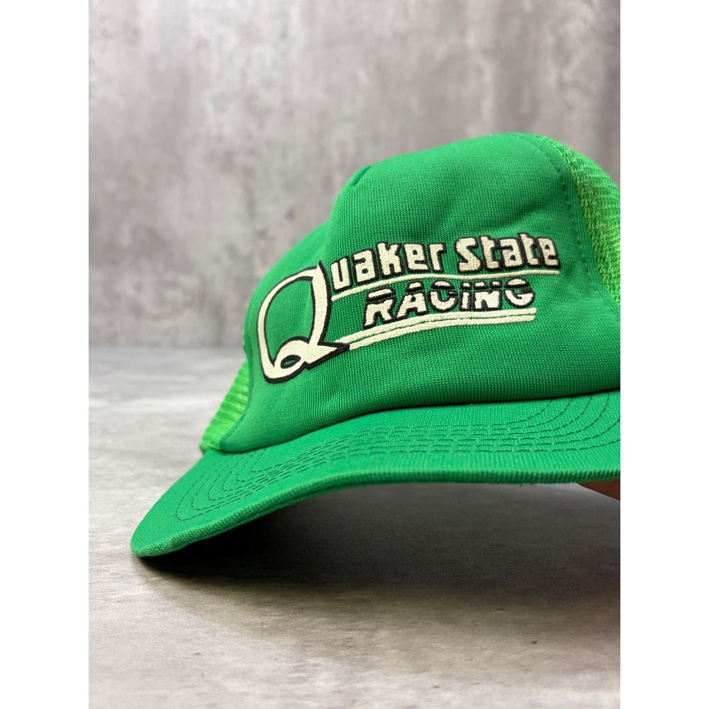 Vintage 80s Quaker State Racing Graphic Spellout Trucker Snapback Hat OSFA
