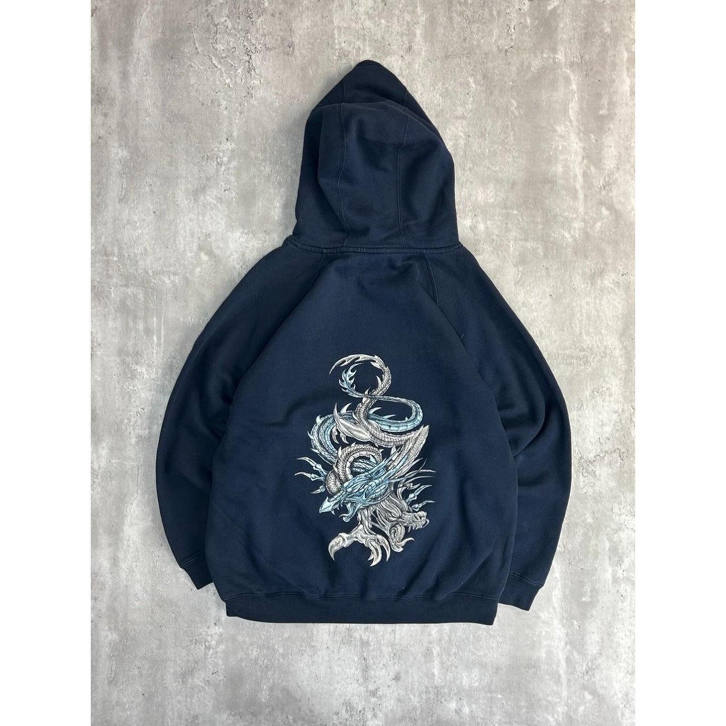 Vintage Y2K Dragon Graphic Pullover Hooded Sweatshirt Size Medium Blue