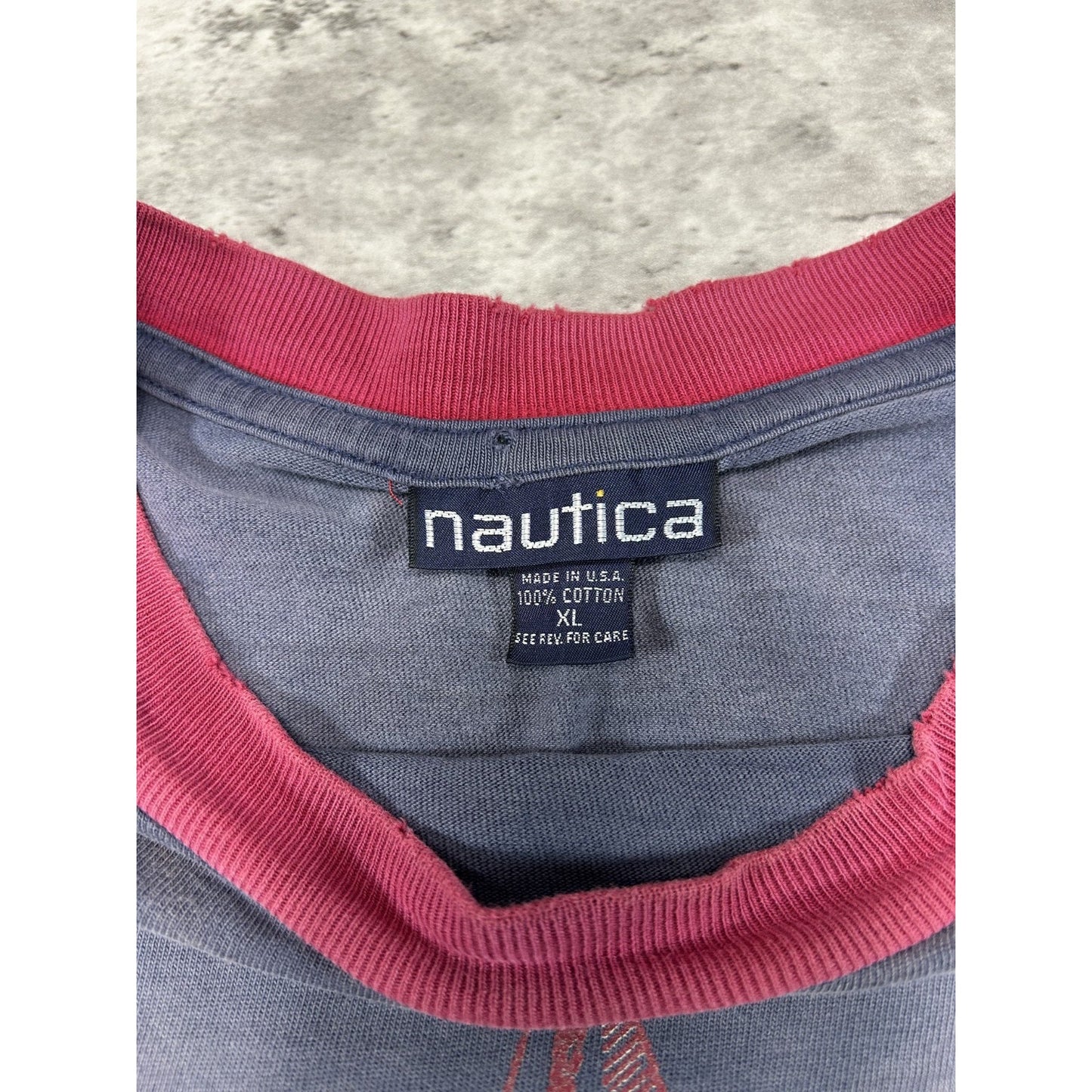 Vintage 90s Nautica Faded Sailboat Graphic Spellout Ringer T-Shirt Size XL