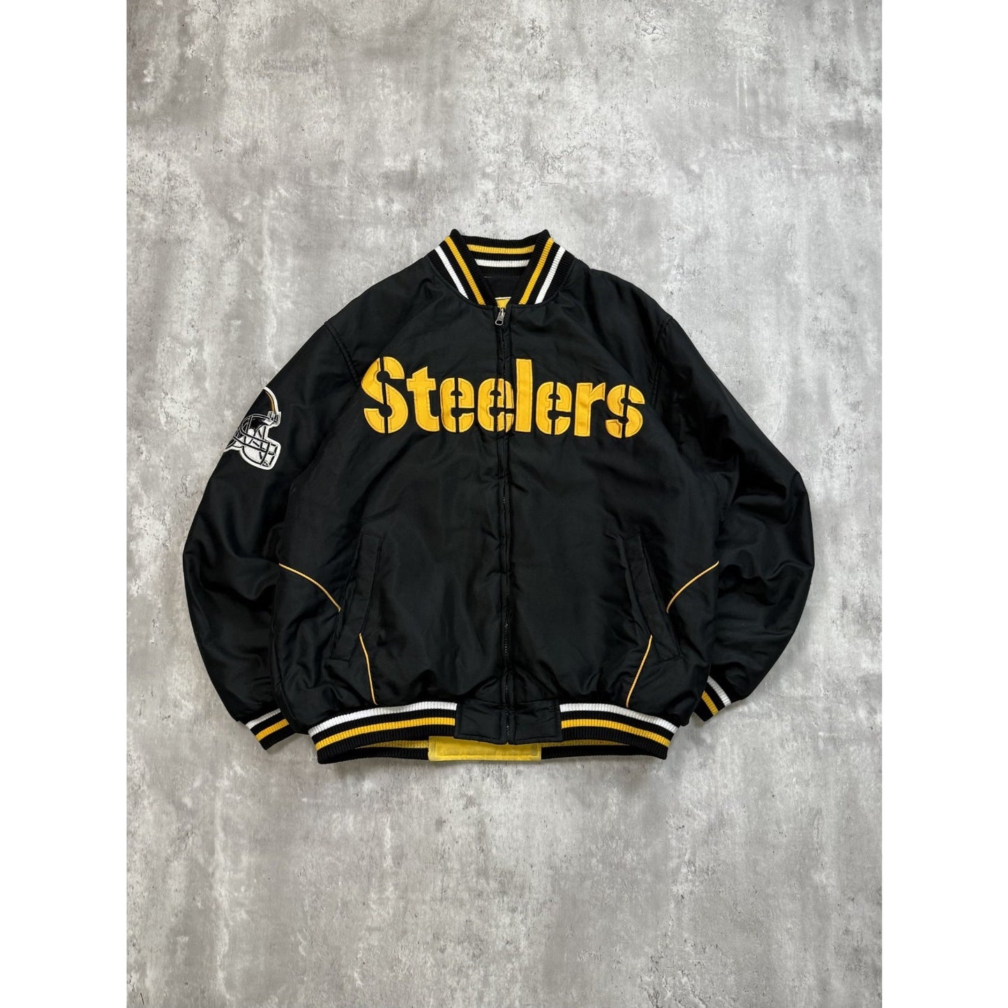 Vintage Pittsburgh Steelers NFL Spellout Reversible Bomber Jacket Size Large