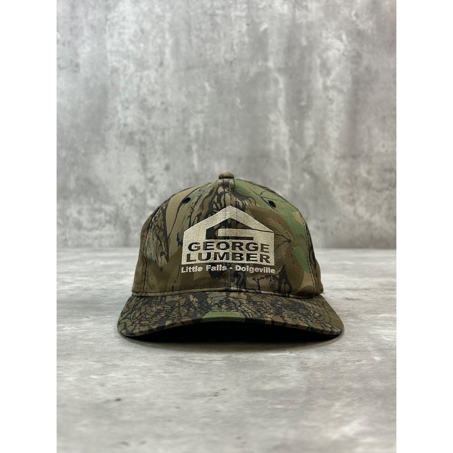Vintage 90s George Lumber Tree Camo Hunting Spellout Snapback Hat OSFA