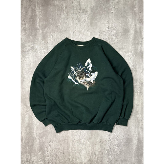 Vintage 90s Wolf Snowy Forest Nature Wildlife Graphic Sweatshirt Size 2XL