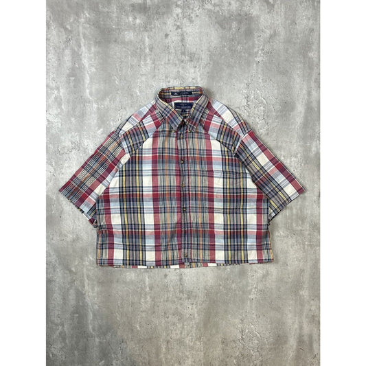 Vintage John Ashford Plaid Short Sleeve Reworked Cropped Button Up Shirt Size XL