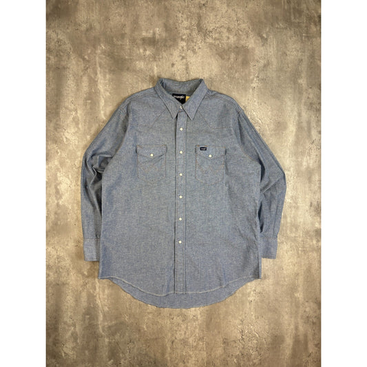 Vintage 1970s Wrangler Pearl Snap Denim Chambray Button Up Shirt Size XL