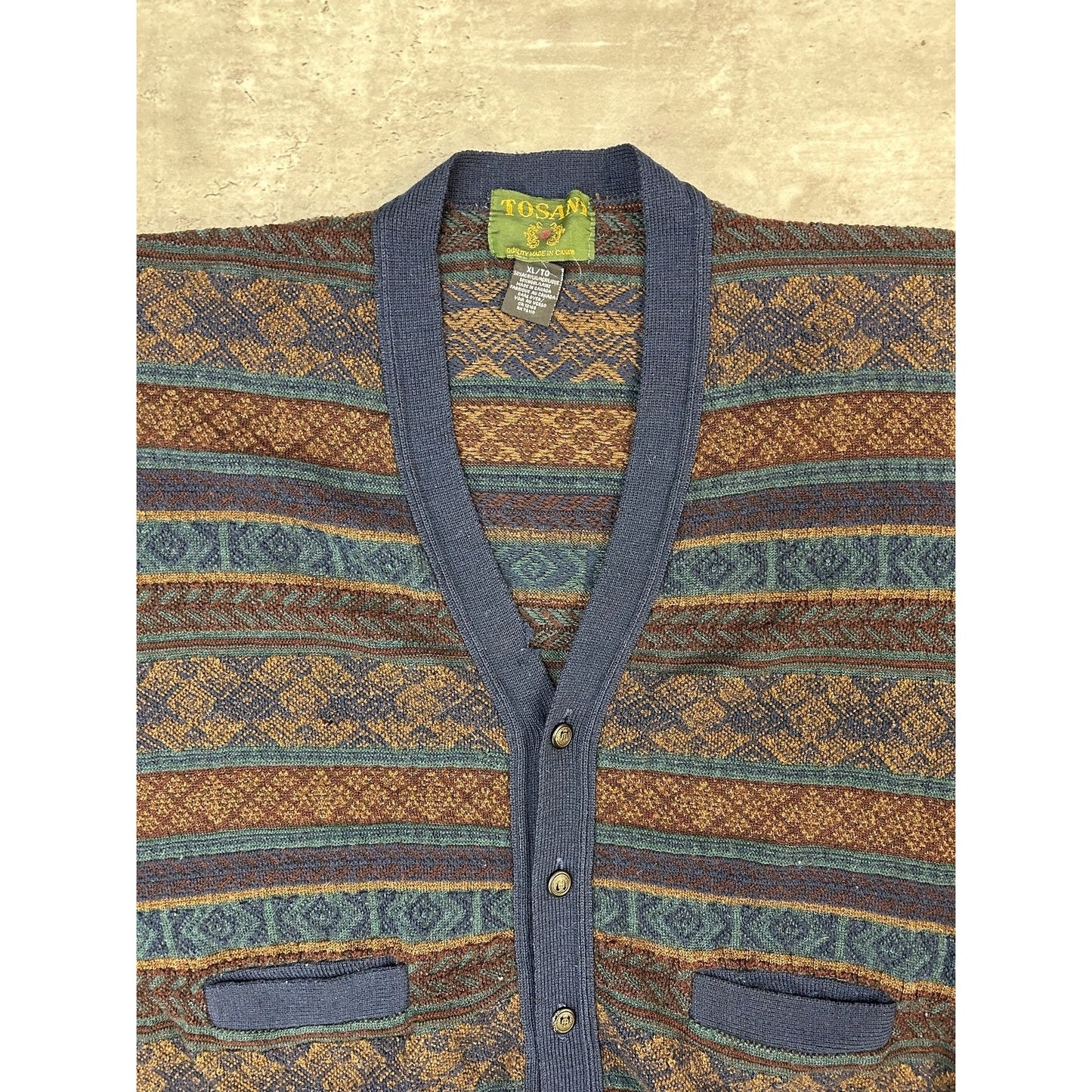 Vintage 90s Tosani Abstract Striped Knit Cardigan Sweater Size XL