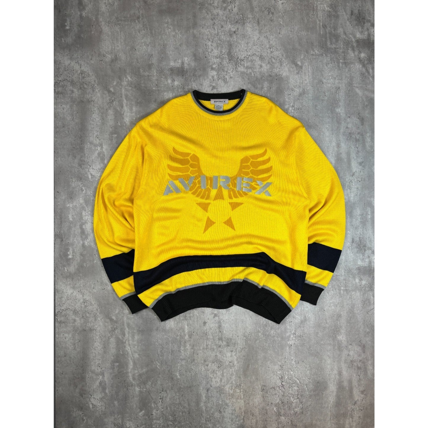 Vintage 90s Avirex Embroidered Spellout Pullover Knit Sweater Size XXL Yellow