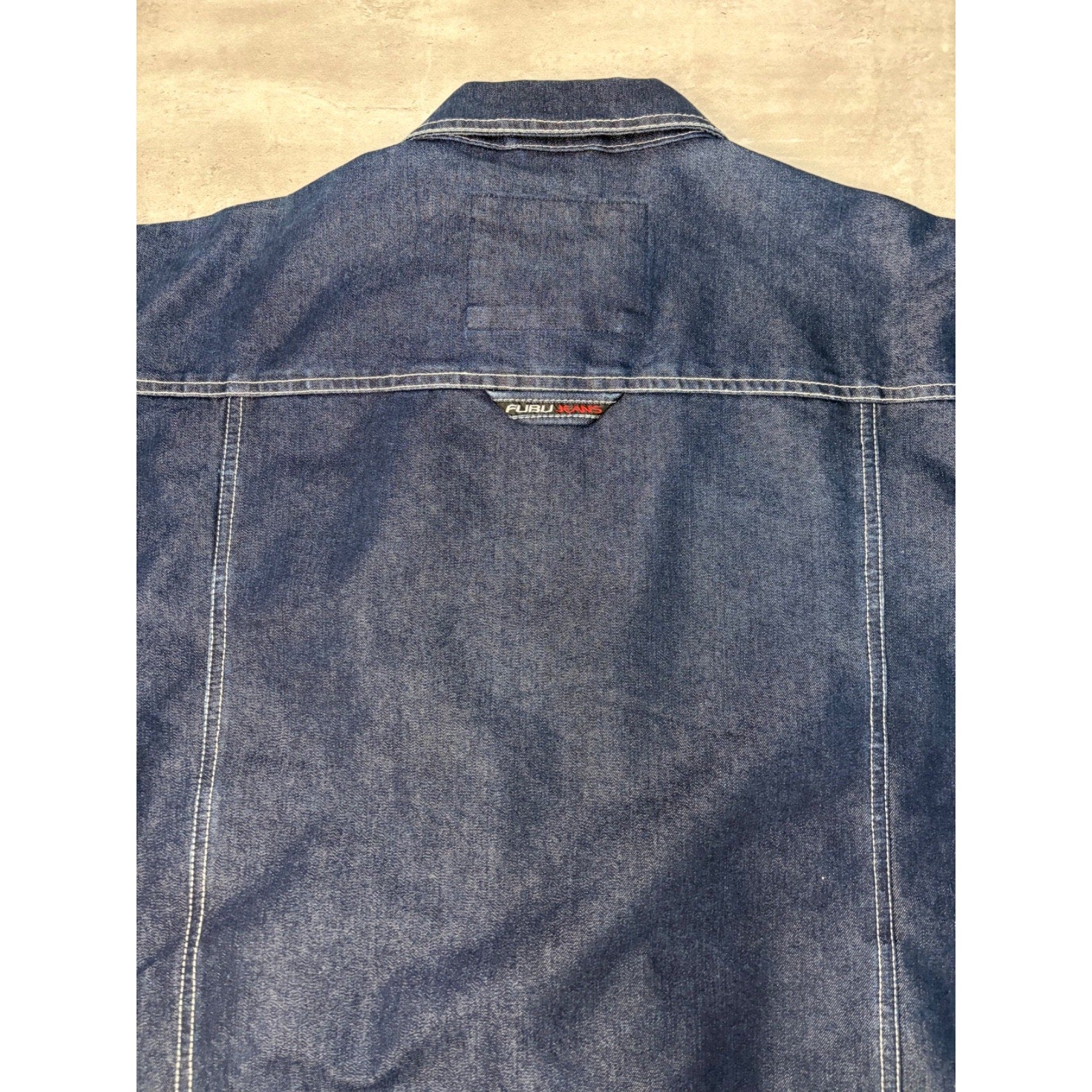 Vintage Y2K Fubu Dark Wash Denim Contrast Stitch Trucker Jacket Size Large