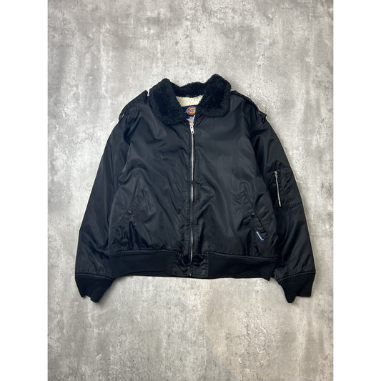 Vintage 80s Dickies Sherpa Collar Full Zip Pilots Bomber Jacket Size XL Black
