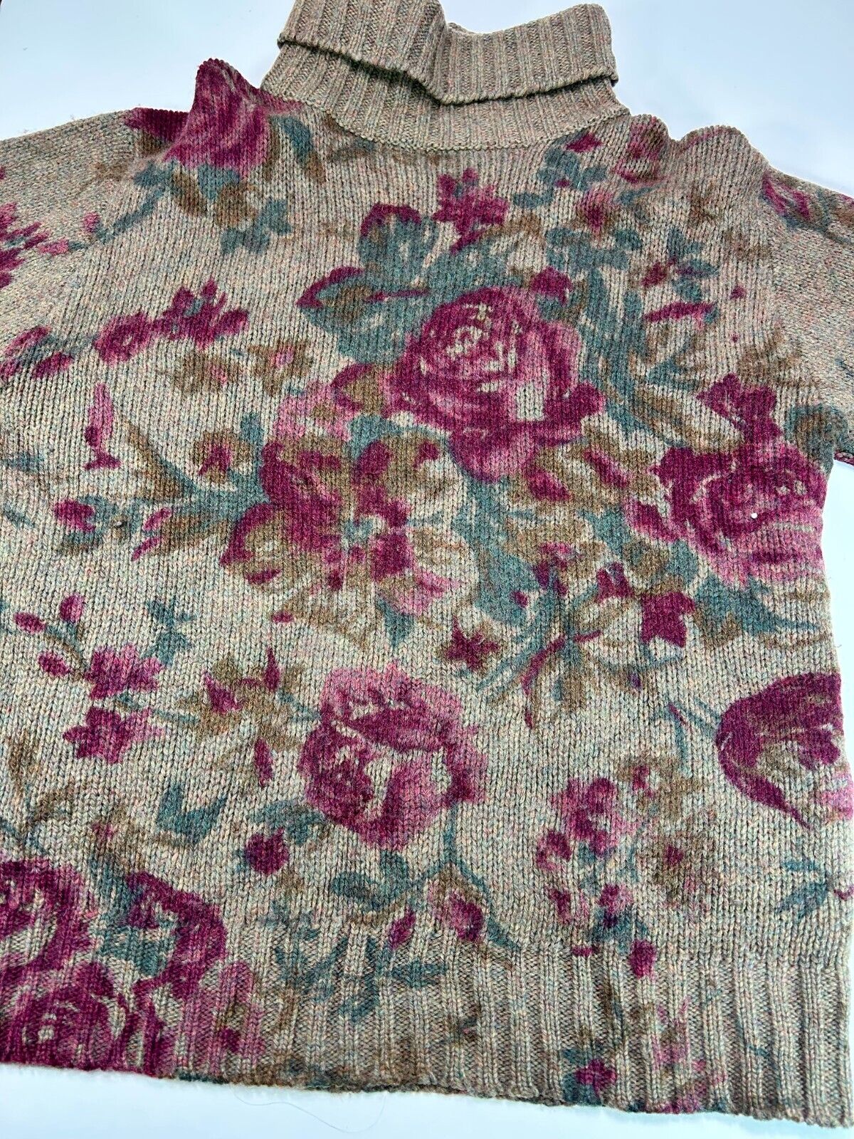 Vintage 90s Ralph Lauren Floral Pattern 100% Wool Turtleneck Knit Sweater Large