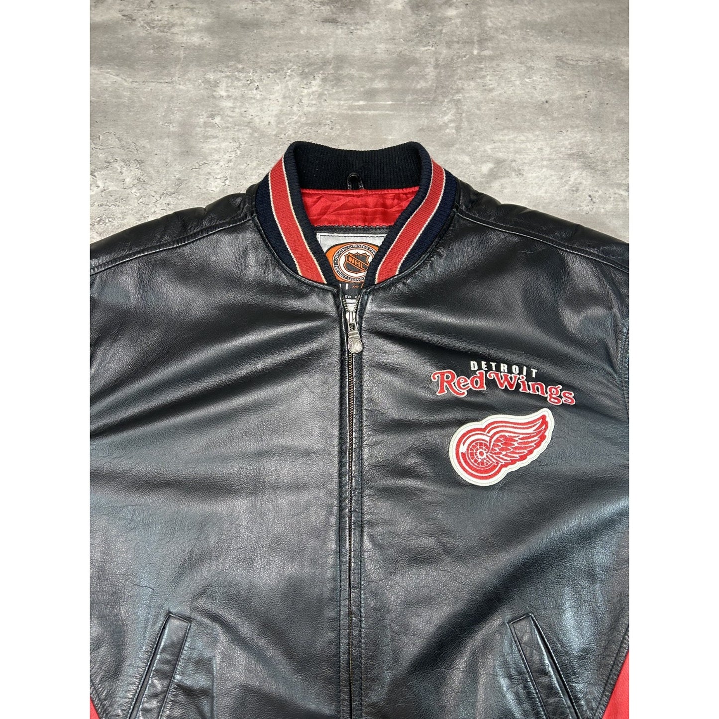 Vintage Detroit Red Wings NHL Embroidered Logo Pleather Jacket Size Large