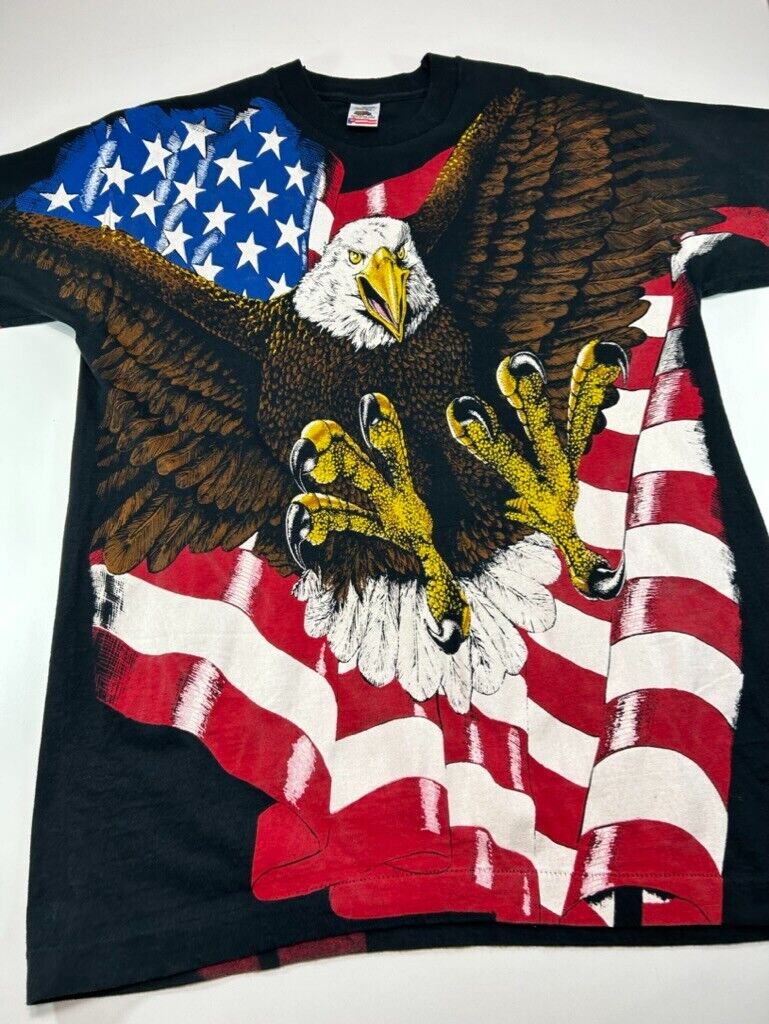 Vintage 90s Bald Eagle American Flag AOP Graphic T-Shirt Size Large