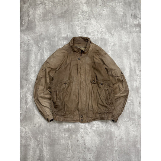 Vintage 90s Multi Pocket Leather Bomber Jacket Size XL Beige