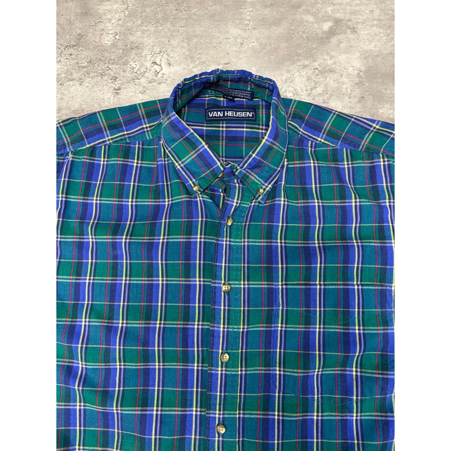 Vintage Van Heusen Plaid Short Sleeve Cropped Reworked Button Up Shirt Sz Large