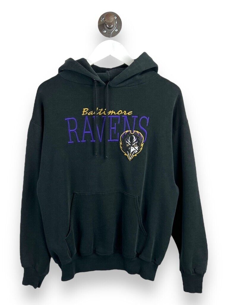 Vtg 90s Baltimore Ravens NFL Embroidered Spellout Hooded Sweatshirt Sz Medium