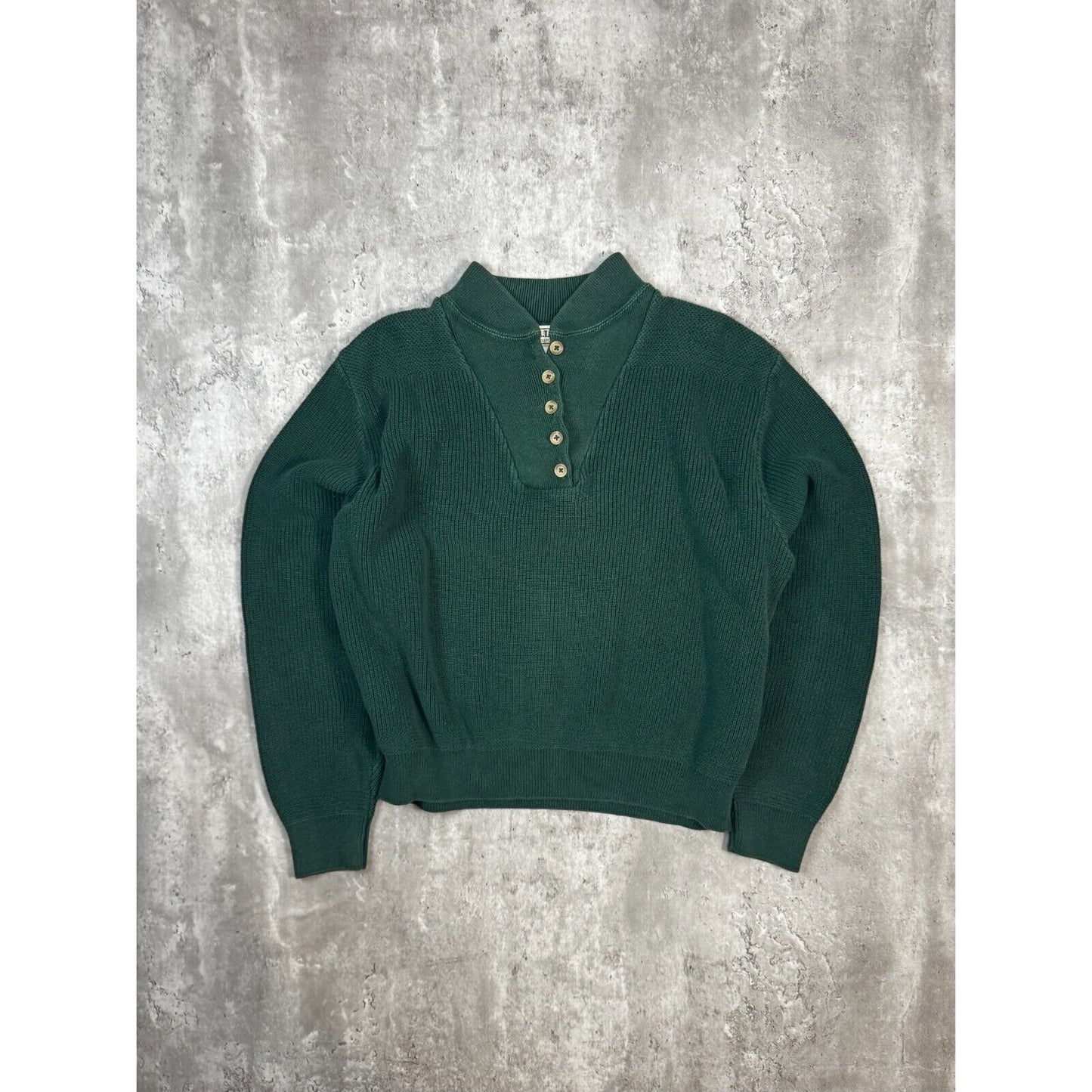 Vintage 90s L.L. Bean 1/4 Button Ribbed Pull Over Knit Sweater Size Large Green