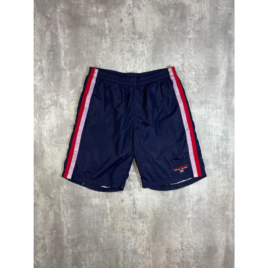 Vintage 90s Polo Ralph Lauren Embroidered Spellout Nylon Shorts Size Large Blue