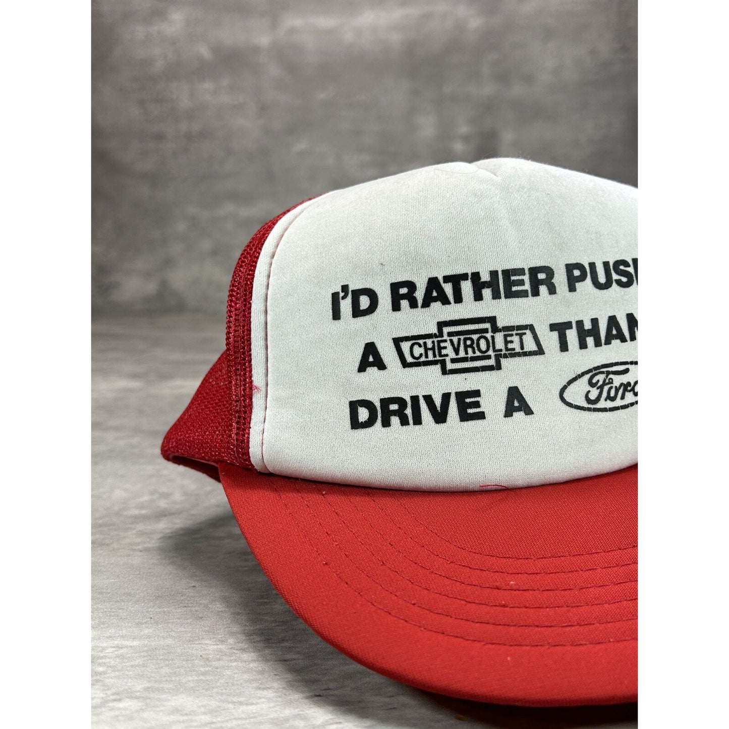 Vintage 80s Id Rather Push A Chevy Than Drive A Ford Trucker Snapback Hat OSFA
