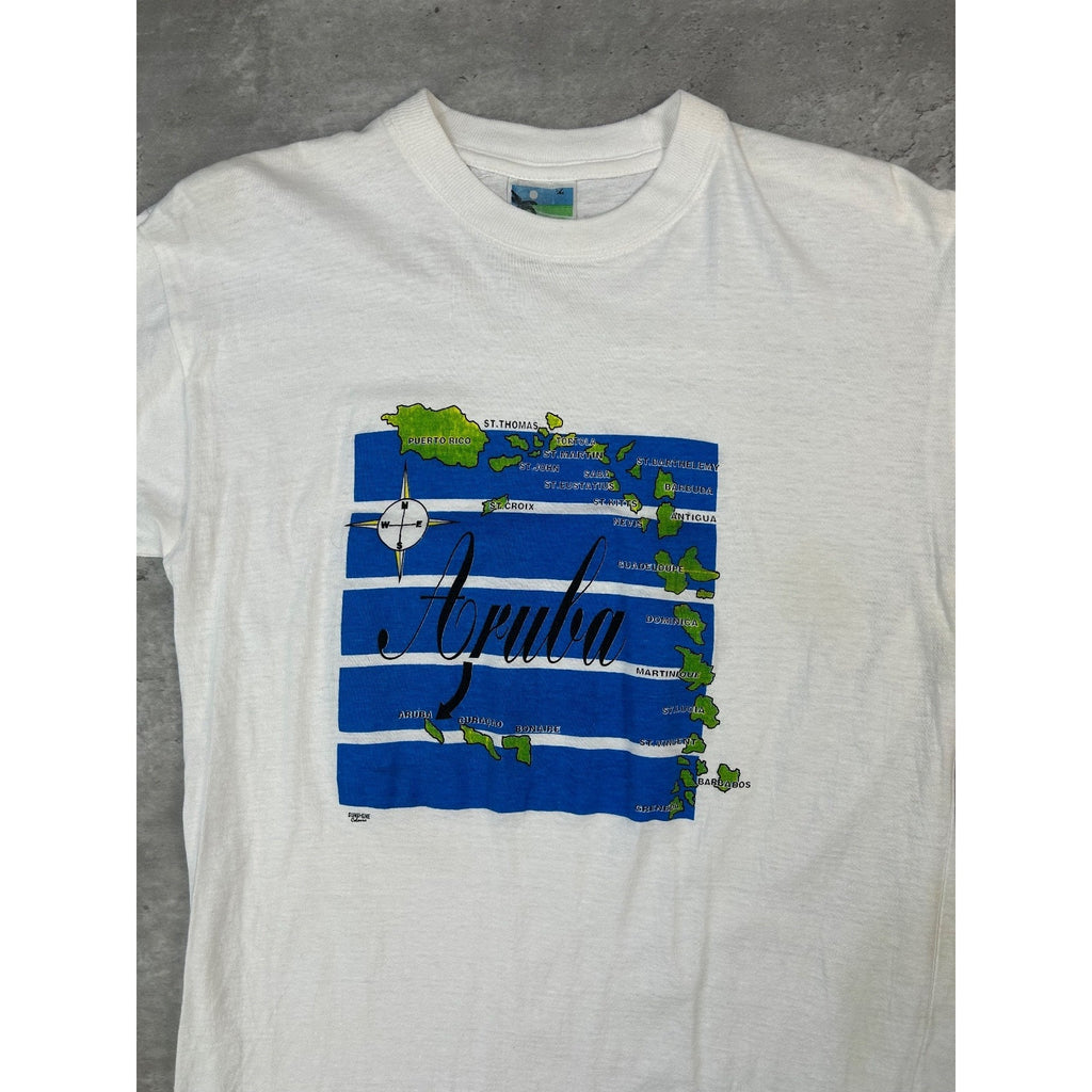 Vintage 90s Aruba Map Spellout Graphic Destination T-Shirt Size Large White