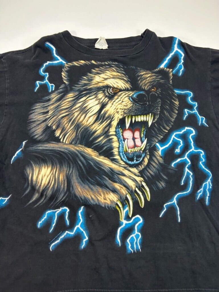 Vintage 90s American Thunder Grizzly Bear Lightning Graphic T-Shirt Size XL