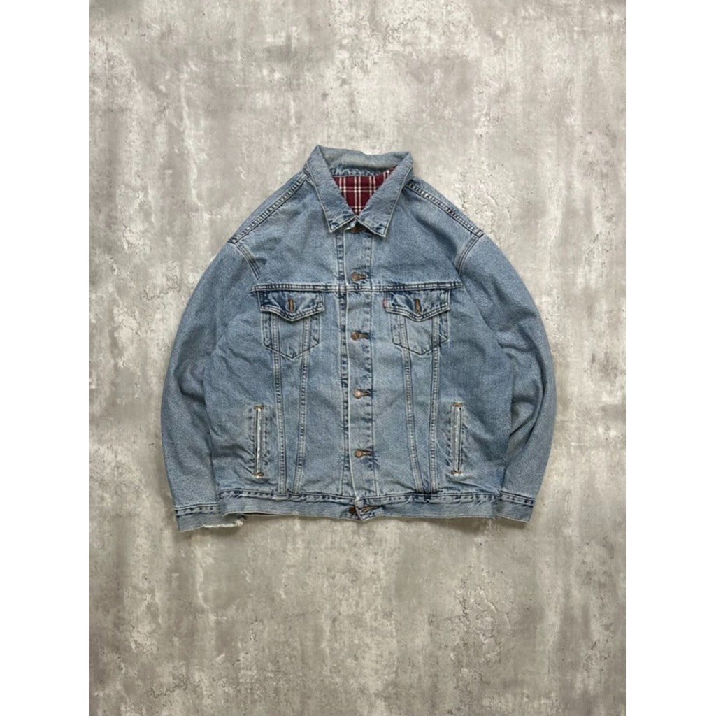 VTG 90s Levis Plaid Lined Red Tab Light Wash Denim Type 3 Trucker Jacket Size XL