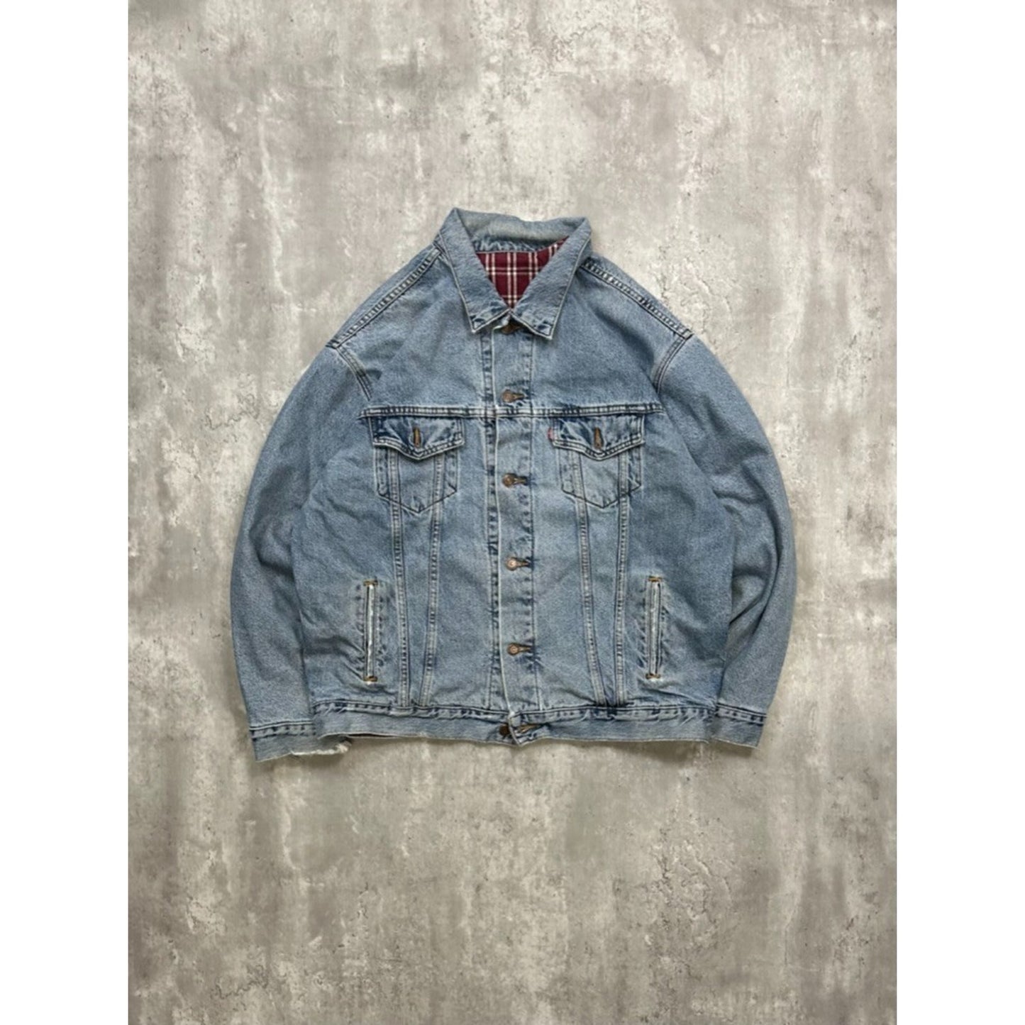 VTG 90s Levis Plaid Lined Red Tab Light Wash Denim Type 3 Trucker Jacket Size XL