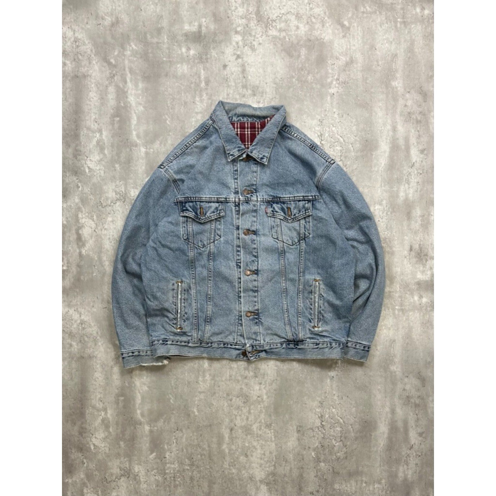 VTG 90s Levis Plaid Lined Red Tab Light Wash Denim Type 3 Trucker Jacket Size XL