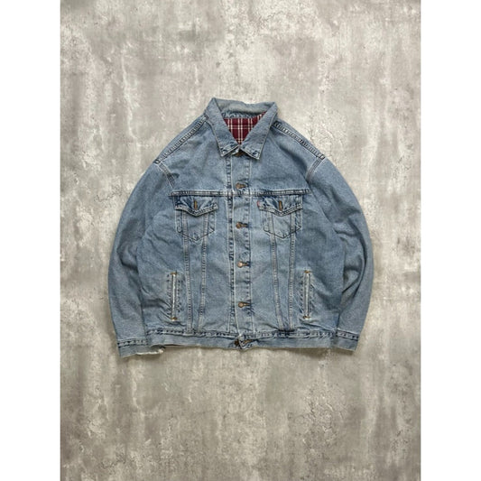 VTG 90s Levis Plaid Lined Red Tab Light Wash Denim Type 3 Trucker Jacket Size XL