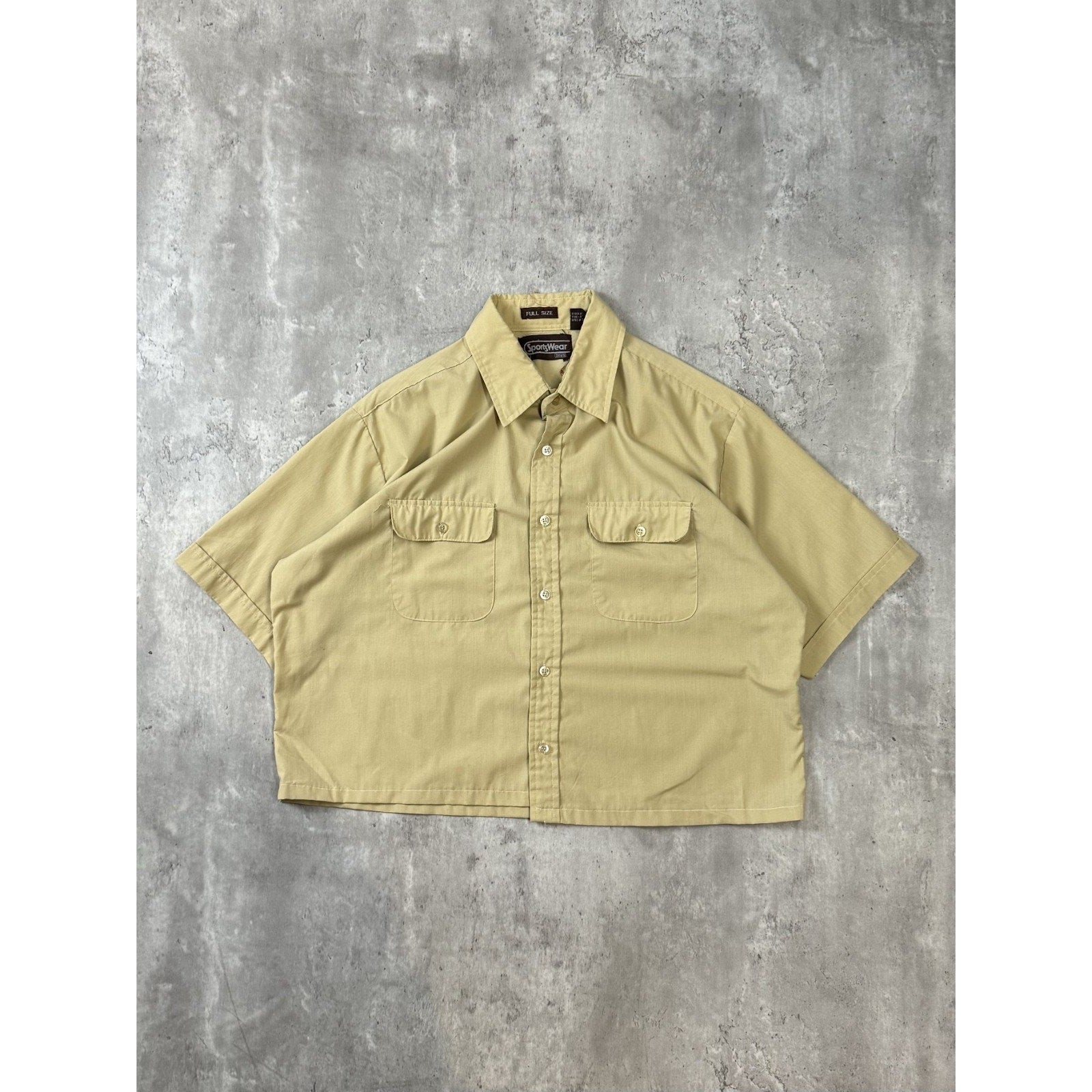 Vintage 80s Sports Wear Reworked Cropped Button Up Shirt Size Large Beige
