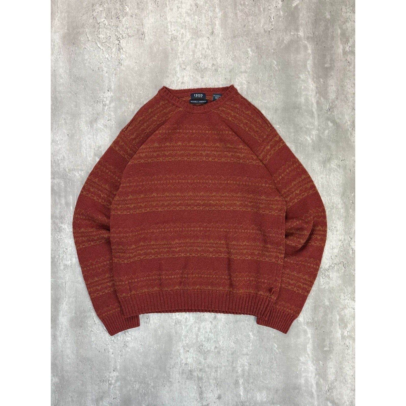 Vintage Izod Jeans Abstract Striped Pullover Knit Sweater Size Large Red