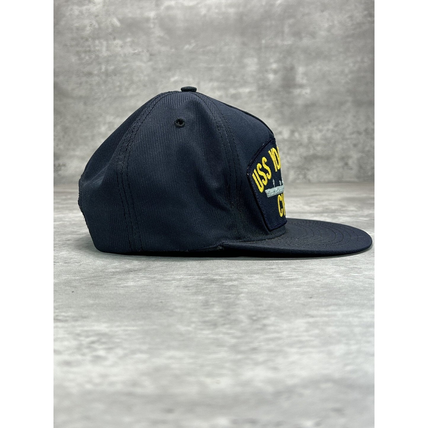 Vintage 90s USS Yorktown US Navy Embroidered Spellout Snapback Hat OSFA Blue