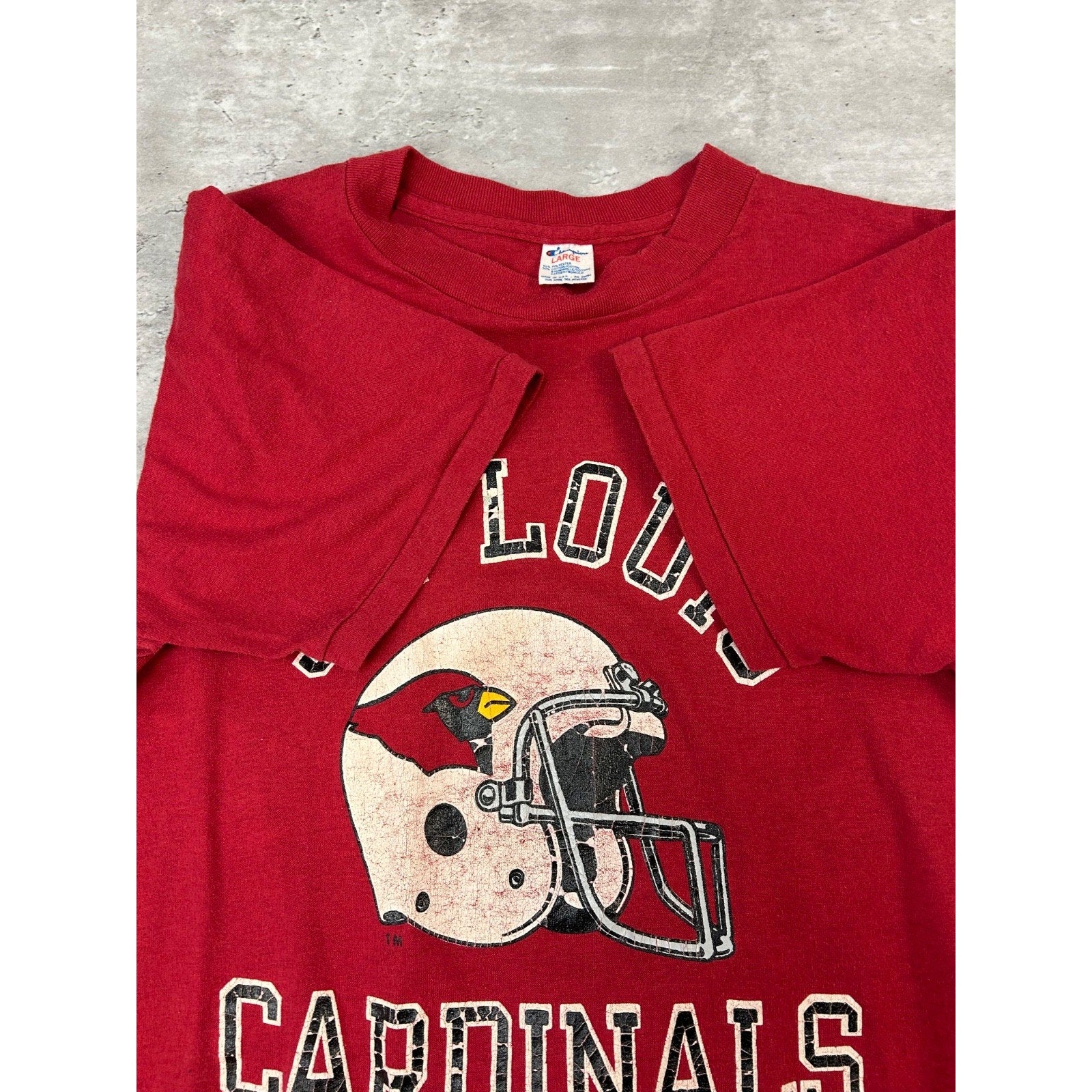 Vintage 80s St Louis Cardinals NFL Spellout Helmet Graphic T-Shirt Size Large